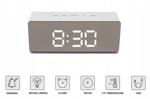 Zegar budzik z termometrem +lusterko 4w1