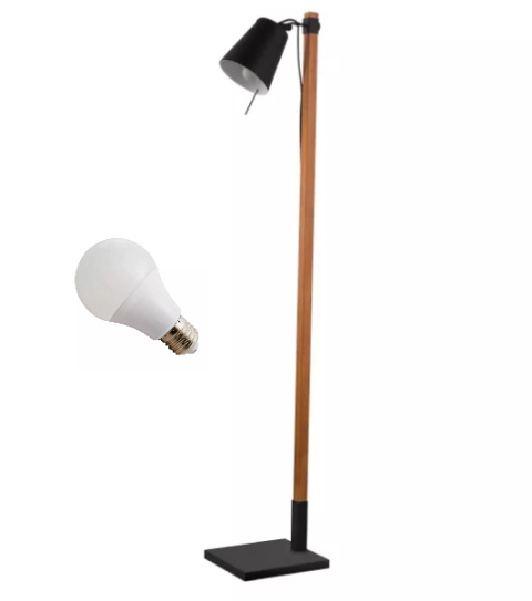 LED Lampa podłogowa LINDA E27 127cm czarna drewno regulowana