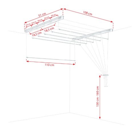 Suszarka sufitowa  łazienka balkon  6prętów 110cm biała