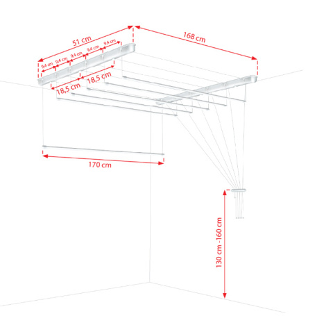 Suszarka sufitowa łazienka balkon 6prętów 170cm czarna