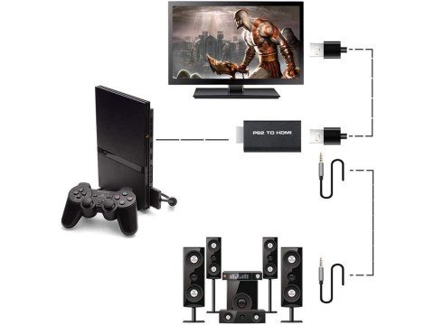 Nowoczesny adapter PS2 na HDMI z dźwiękiem i USB/5V, czarny