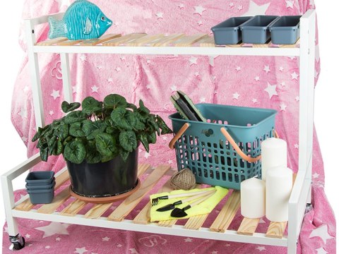 Regał metal drewno na kołach kwiaty doniczkowe dwupoziomowy półka na kółkach taras