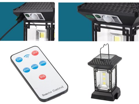 Wielofunkcyjna lampa solarna z czujnikiem zmierzchu i pilotem, 60 LED COB