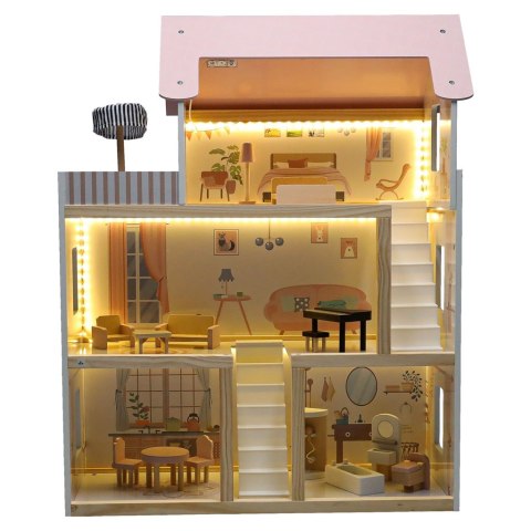 Drewniany domek dla lalek z mebelkami i oświetleniem LED 78 cm