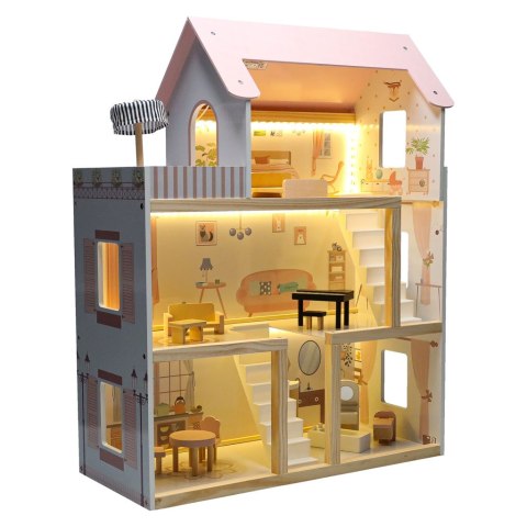 Drewniany domek dla lalek z mebelkami i oświetleniem LED 78 cm