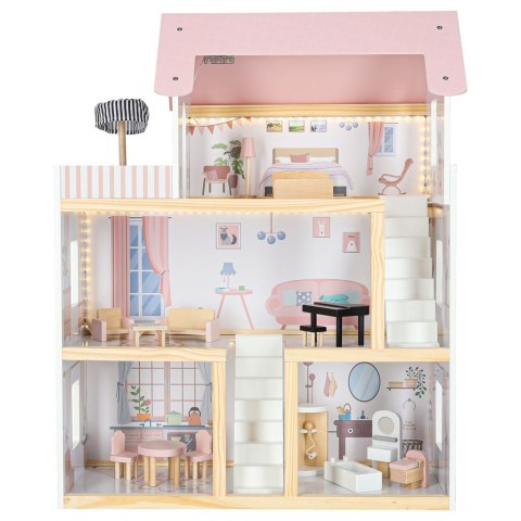 Drewniany domek dla lalek z mebelkami i oświetleniem LED 78 cm