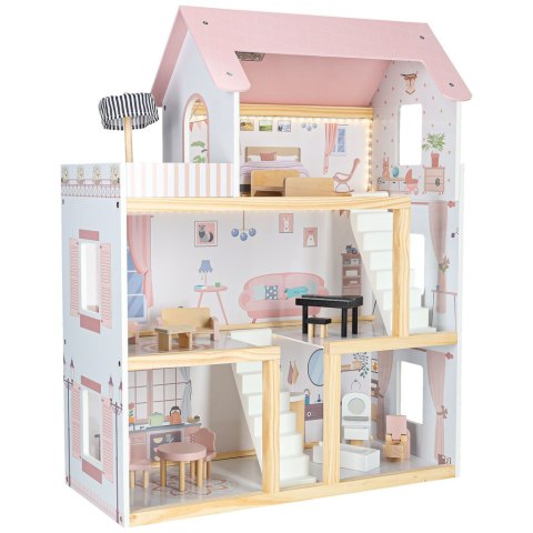 Drewniany domek dla lalek z mebelkami i oświetleniem LED 78 cm