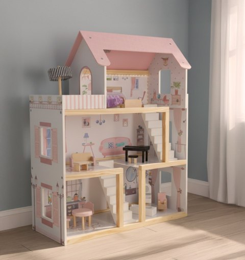 Drewniany domek dla lalek z mebelkami i oświetleniem LED 78 cm