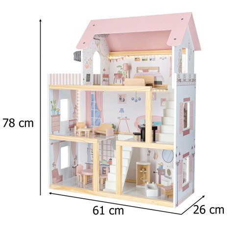 Drewniany domek dla lalek z mebelkami i oświetleniem LED 78 cm