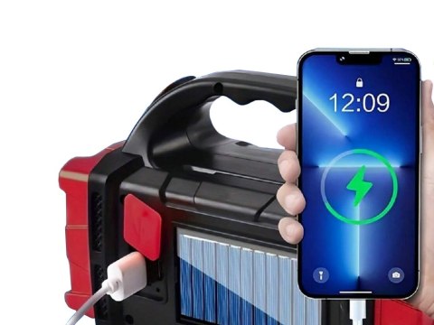 Latarka solarna LED - przenośna lampka z powerbankiem i reflektorem