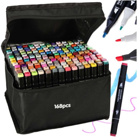 Nowoczesne markery dwustronne w eleganckim etui - 168 sztuk