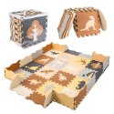 Nowoczesna mata edukacyjna dla dzieci - brązowa piankowa mata puzzle 143 x 143 cm z 36 elementami edukacyjnymi.