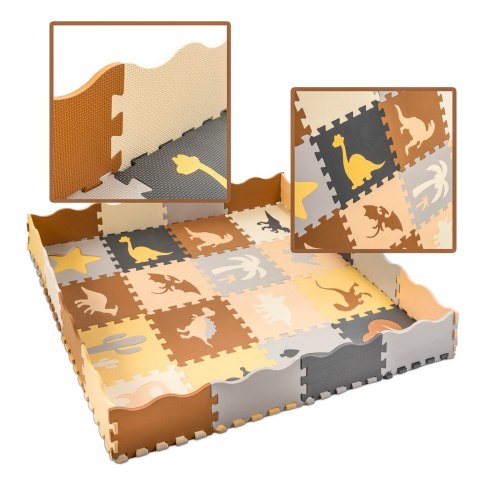 Nowoczesna mata edukacyjna dla dzieci - brązowa piankowa mata puzzle 143 x 143 cm z 36 elementami edukacyjnymi.