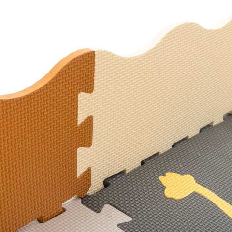Nowoczesna mata edukacyjna dla dzieci - brązowa piankowa mata puzzle 143 x 143 cm z 36 elementami edukacyjnymi.