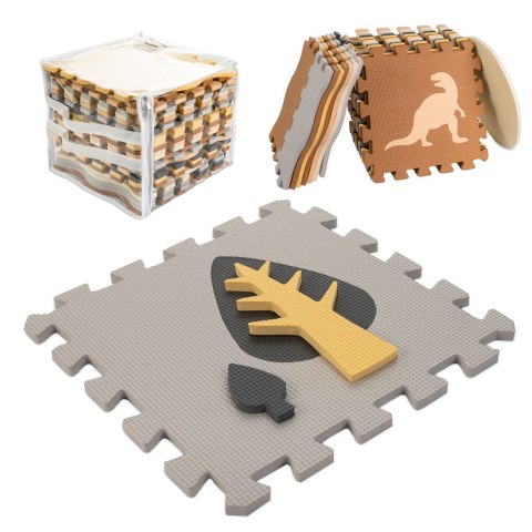 Nowoczesna mata edukacyjna dla dzieci - brązowa piankowa mata puzzle 143 x 143 cm z 36 elementami edukacyjnymi.