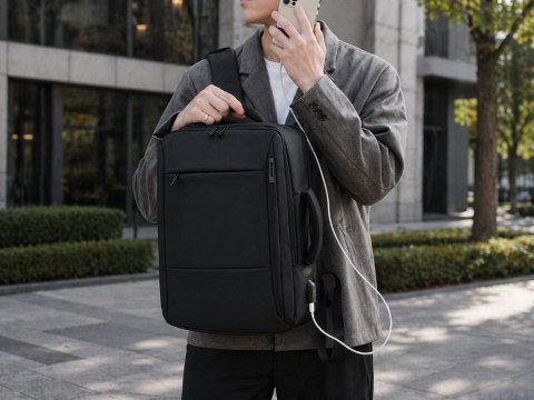 Plecak biznesowy męski na laptop USB elegancki czarny pojemny miejski