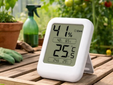Nowoczesny termometr i higrometr cyfrowy do pomiaru temperatury i wilgotności powietrza w domu lub biurze.