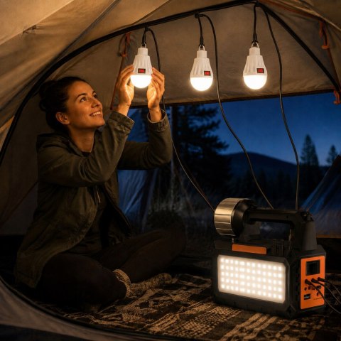 Lampa latarka solarna turystyczna LED campingowa panel radio żarówki blt