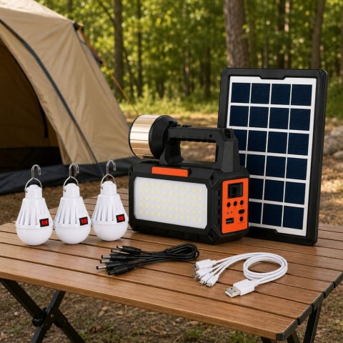Lampa latarka solarna turystyczna LED campingowa panel radio żarówki blt