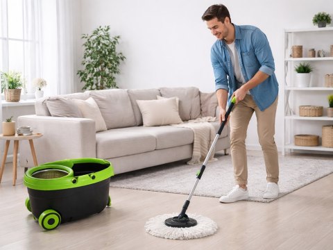 Mop obrotowy rotacyjny 360 wiadro na kółkach zestaw 2x nakładki mikrofibra