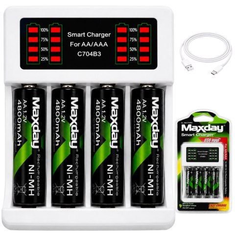 Nowoczesna ładowarka do akumulatorów AA i AAA z LED i kabel USB-C
