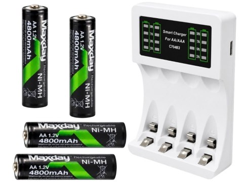 Nowoczesna ładowarka do akumulatorów AA i AAA z LED i kabel USB-C