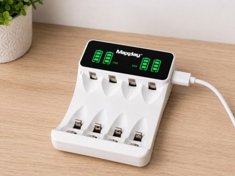 Nowoczesna ładowarka do akumulatorków AA i AAA z wyświetlaczem LCD i zasilaniem USB-C