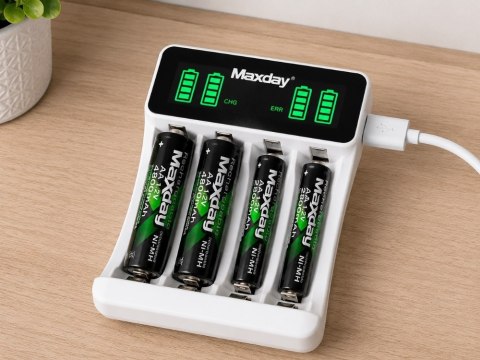 Nowoczesna ładowarka do akumulatorków AA i AAA z wyświetlaczem LCD i zasilaniem USB-C