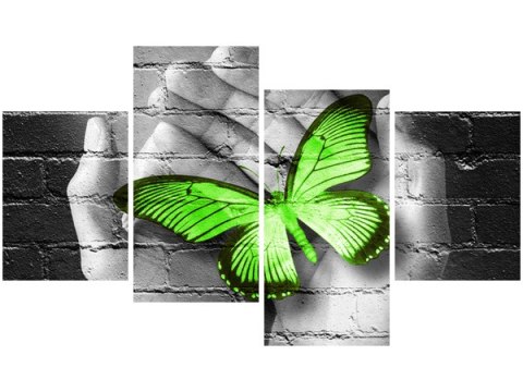 Obraz druk Green Butterfly motyl dłoń cegła