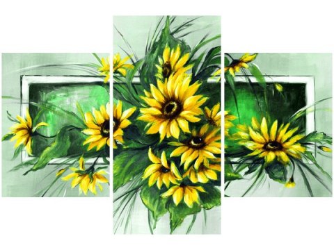 90x60cm obraz Słoneczniki zieleni trzy obrazy      